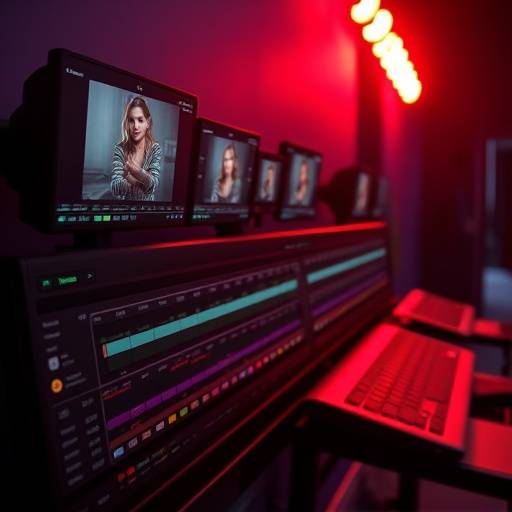 Post-production icon: editing timeline, color grading, and audio mixing.