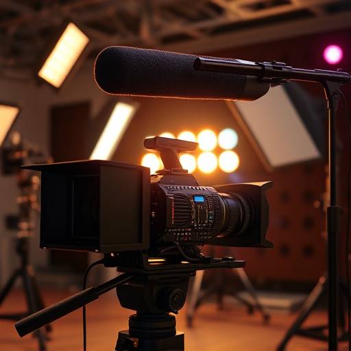 Production icon: camera, lights, and sound equipment.