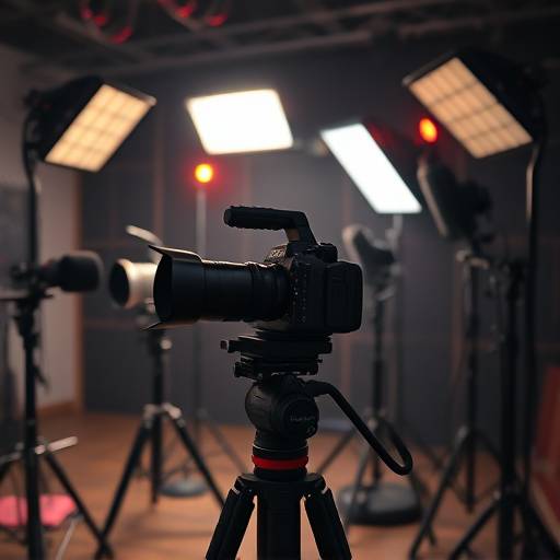 Production icon: camera, lights, and sound equipment.