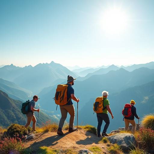 Scene from an outdoor adventure advertisement featuring a diverse group of people hiking and enjoying scenic landscapes.